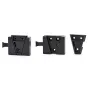 CVW Video VLOCK V-Lock Adapter System - Three black metal V-Lock adapter components: a rectangular plate with a V-shaped cutout and spring mechanism, a plate with four mounting holes, and a triangular plate with two holes, all f