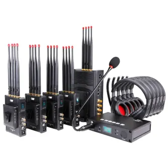 Professional wireless video transmitter setup featuring four camera units, a central control unit with a microphone, and headphones with red accents for live production.