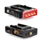 CVW BeamLink Duo Plus wireless video transmitter system featuring four golden BNC connectors on the rear panel and a single golden BNC port, USB-C port, and small screen on the front panel, with a black handle on top and ventila