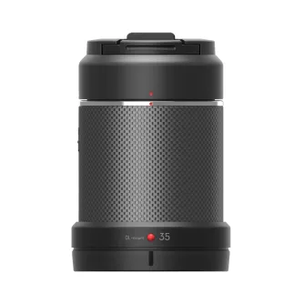 DJI DL 35mm F2.8 LS ASPH prime lens, front view, featuring a textured carbon‑fiber barrel, top cap with red indicator, silver band, and bottom ring marked 'DL‑mount 35' with a red dot, designed for lightweight operation with Zen
