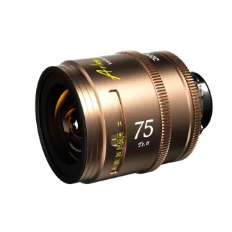 DZOFILM Arles Lustre 75mm T1.6 PL cinema lens with amber glow, large format compatibility, 16-blade aperture and precise manual focus rotation