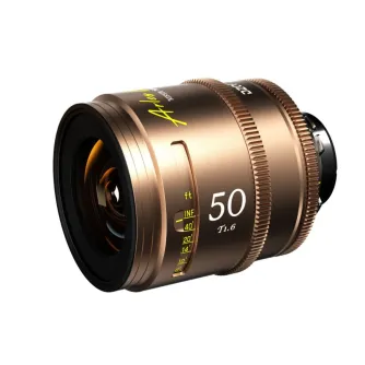 DZOFILM Arles Lustre 50mm T1.6 cinema lens with bronze finish, front element visible, focus distance scale in feet and inches, 50mm focal length and T1.6 aperture