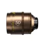 DZOFILM Arles Lustre 50mm T1.6 cinema video lens, bronze finish, side view with focus distance scale in feet and meters and yellow T1.6 aperture markings.
