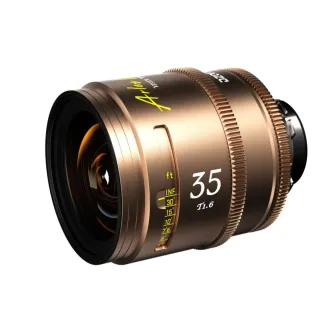 Bronze DZOFILM Arles Lustre 35mm T1.6 PL cinema lens with yellow focus distance scale, front glass element and rear PL mount, isolated on white background