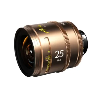DZOFILM Arles Lustre 25mm T1.6 cinema lens with amber halation, bronze barrel, 95mm front element, focus distance scale in feet and meters, T1.6 aperture ring, large-format Vista Vision compatible lens isolated on white backgrou