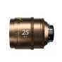 DZOFILM Arles Lustre 25mm T1.6 PL lens with golden-bronze finish, engraved focal length markings, focus scale with yellow text, and amber halation effect for cinematic flares