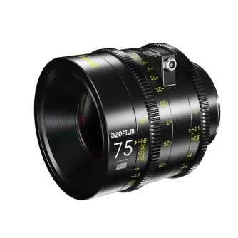 Close-up of DZOFILM Vespid Cyber 75mm T2.1 cine lens featuring PL/EF mounts and data interface, with yellow numerical markings, a 16-blade iris, and a 270° focus ring rotation.