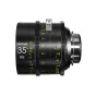 DZOFILM Vespid Cyber 35mm T2.1 lens with PL/EF mounts and data interface, showcasing its matte black finish, detailed focus and iris rings with yellow markings, and a 95mm front diameter for standard matte boxes.
