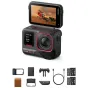 Insta360 Ace Pro 2 action camera with 8K sensor, dual AI chips, and waterproof design up to 12m. Includes Xplorer Grip Pro, Pocket Printer, leather case, USB-C cable, and two batteries. Captured mid-action with motorcyclist on d