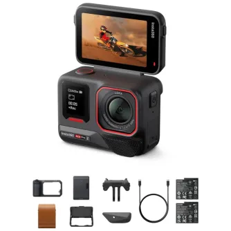 Insta360 Ace Pro 2 action camera with 8K sensor, dual AI chips, and waterproof design up to 12m. Includes Xplorer Grip Pro, Pocket Printer, leather case, USB-C cable, and two batteries. Captured mid-action with motorcyclist on d