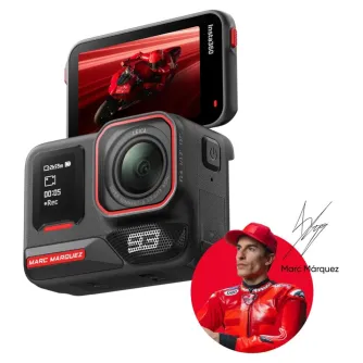 Insta360 Ace Pro 2 MM93 Edition action camera with 8K sensor, dual AI chips, and Wind Guard accessory, showcasing dynamic motorcycle racing footage on its flip touchscreen.