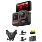 Insta360 Ace Pro 2 MM93 Edition action camera with 2.5" flip screen displaying a red motorcycle, accompanied by chest harness, suction mounts, 128GB microSD card, two batteries, and a Marc Márquez autograph label.
