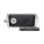 Insta360 Go Ultra dive case side view with black rear panel, silver button, slider switch, clear acrylic housing and mounting base.
