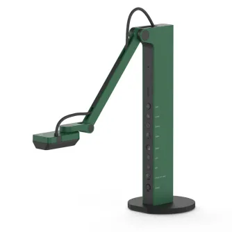 IPEVO VZ-R document camera in green with an articulated head, side control panel, and black circular base against a white background.
