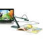 IPEVO V4K Document Camera with its green articulated arm positioned over an open book, connected to a laptop for high-definition live streaming and scanning.