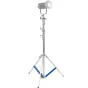 Kaiser HD 300 light stand with a 3-section chrome telescopic column, adjustable legs with blue braces, 12 kg load capacity, and an attached spotlight.