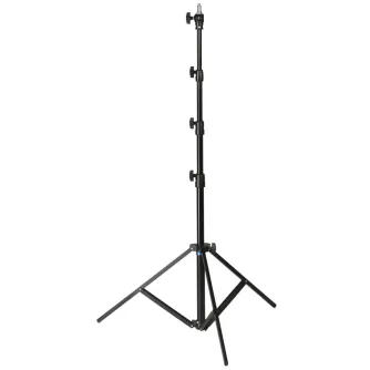 Kaiser AutoFold S light stand with adjustable height 78-240 cm, black anodized telescopic column and folding tripod legs, featuring 16 mm reversible thread pin and 1/4" and 3/8" mounting threads