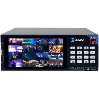 Kiloview CUBE X1 NDI Core device with a 4x4 grid of video feeds on its LCD screen, featuring a numeric keypad labeled 1-16, a red power button, and branding elements against a clean white background.