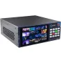 Kiloview CUBE X1 NDI Core streaming switcher with 16 inputs and 32 outputs, real-time monitoring touchscreen displaying a 4x4 grid of live video feeds, and compact design for broadcast and podcast setups.