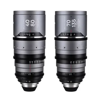 Laowa Sunlight 2X Anamorphic Zoom 40-80mm and 70-135mm lenses in silver, part of a 2-lens cinema bundle for full-frame cameras with manual focus and Arri PL mount.