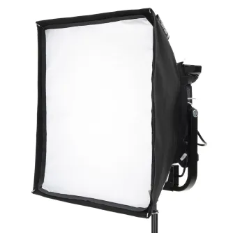 Litepanels Snapbag Softbox Gemini 1x1 with removable baffle, black frame and white diffuser, mounted on a light stand, side view highlighting the pop-up design and silver interior.