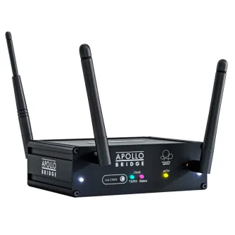 Litepanels Apollo Bridge wireless DMX transmitter with three detachable antennas and front panel LED indicators.