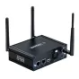 Litepanels Apollo Bridge wireless DMX system with three detachable antennas, front panel displaying illuminated LAN, WAN, USB Data, DMX XLR, and USB‑C power ports on a black chassis.