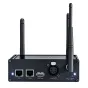 Rear view of the Litepanels Apollo Bridge wireless DMX system, showing dual 3 dBi antennas, LAN and WAN Ethernet ports, USB data port, 5‑pin DMX XLR connector, USB‑C power input (9 V/2 A) and illuminated status LEDs on a rugged 