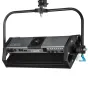 Litepanels Gemini 2x1 Soft RGBWW LED panel mounted on a black yoke, showing front control panel with knobs, ports, fan grille and integrated power supply, isolated on white background.