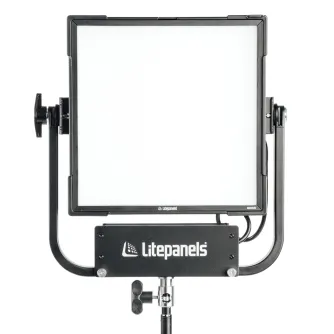 Litepanels Gemini 1x1 Soft RGBWW LED panel with white diffuser, mounted on a pole yoke, delivering compact and powerful cinematic lighting with precise soft white and full RGBWW color control.