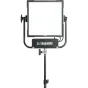 Litepanels Gemini 1x1 Soft RGBWW LED panel mounted on a pole-operated yoke, featuring a white diffuser, black frame, and side adjustment knobs, delivering precise soft white and full RGBWW color control for cinematic lighting.