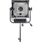 Litepanels Gemini 1x1 Soft RGBWW LED panel with rear control housing, fan grille, and attached power supply on a stand, providing compact cinematic lighting with precise soft white and full RGBWW color control.