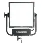 Litepanels Gemini 1x1 Soft RGBWW LED Panel mounted on a black yoke stand with adjustable arms, featuring a white front surface, black frame, and visible cables, with the Litepanels logo on the front bracket.