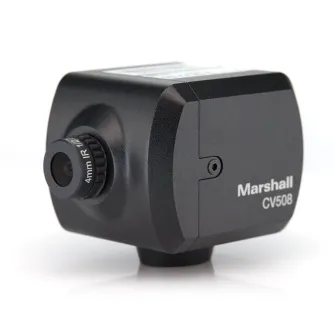 Marshall CV508 mini camera with a 4mm IR lens, featuring the model name and lens adjustment ring, designed for portability.