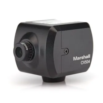 Marshall CV504 mini camera with interchangeable M12 lens mount, featuring a 4mm lens, 3G-SDI output port, and a 1/4" thread mount.