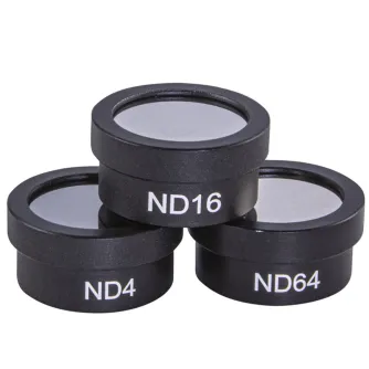 Marshall CV503-WP-NDF filter caps stacked in a triangular formation, labeled ND4, ND16, and ND64, designed for bright lighting photography.