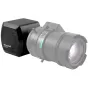 Marshall CV366 video camera with Fujinon DV1866RA-SA1L lens, shown from the side with the front lens element visible, highlighting its compact black body and attached zoom lens.