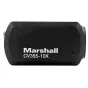 Marshall CV355-10X blokā kamera ar matētu melnu korpusu, baltu marķējumu, zelta BNC savienotāju kreisajā pusē un mazu skrūvi labajā pusē, izceļot tās kompakto profesionālo dizainu.