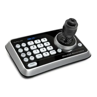 Marshall VS-PTC-200 PTZ Controller with 4D joystick, OLED display, and labeled buttons for precise camera control