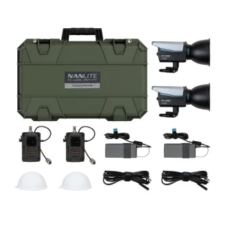 NANLITE FC-120C 2KIT-PT apgaismojuma komplekts ar divām RGBW LED paneļiem, difuzoriem, bateriju rokturiem, kabeliem un izturīgu olīvzaļo GUTEK somu