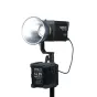 NANLITE Battery Grip BT-BG-XLR4II with a 4-pin XLR connector mounted on a light stand, featuring a V-mount battery slot labeled '14.8V' and a textured anti-slip surface, connecting to a light fixture.