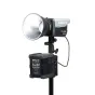 NANLITE Battery Grip BT-BG-XLR4II mounted on a stand with a 4-pin XLR cable connected to a lighting fixture, featuring a V-Mount battery slot labeled '14.8V 302Wh/20.4Ah' and an anti-slip design.