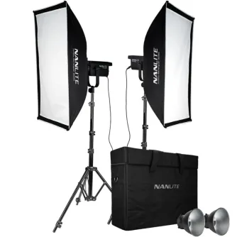 NANLITE FS-200 2Kit-S-LS lighting kit with two 225W LED spotlights, soft boxes, stands, and carrying case for studio photography and videography