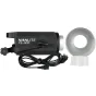 NANLITE FS-300 Spot Light with a silver reflector, power cable, and protective cap for photography and videography