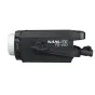 NANLITE FS-150 compact daylight spot light, black body with white front lens, side view showing control dial and strap, ready for photography and video.
