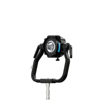 NANLUX Projection Adapter (AS-PJA-EV) with cylindrical lens, adjustable handles, and stainless steel mounting stem, featuring a blue accent ring and fastening knob.