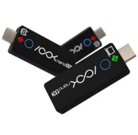 RGBlink ASK nano 4K wireless transmitter with USB-C ports, blue LED indicators, and branding labels, one device positioned diagonally in the foreground and the second partially visible behind it.RGBlink ASK nano 4K wireless transmitter with USB-C ports, blue LED indicators, and branding labels, one device positioned diagonally in the foreground and the second partially visible behind it.