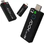 RGBlink ASK nano 4K wireless video transmitter with HDMI connector, blue power button, and TX indicator, alongside two compact receivers featuring HDMI plugs, red RX indicators, and blue buttons, all in black casing with side ve