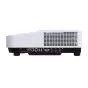 RICOH PJ UHL3660 4K UST Laser Projector from the rear view, showcasing ventilation grilles, connectivity ports, and control panel, with a white body and black base on black feet against a plain white background.