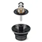 Sachtler aktiv bowl connector 75 mm V2 – atsevišķs adaptors ar melnu bāzi, zelta krāsas gredzenu un sudraba stieni, novietots virs atbilstošā melnā 75 mm statīva bļodas